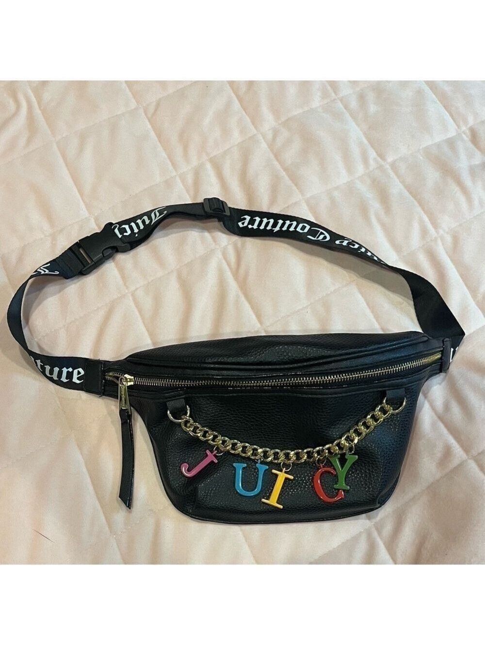 Juicy Couture Belt Candy Coated Purse Black Gold Faux Leather Cross Body Bag